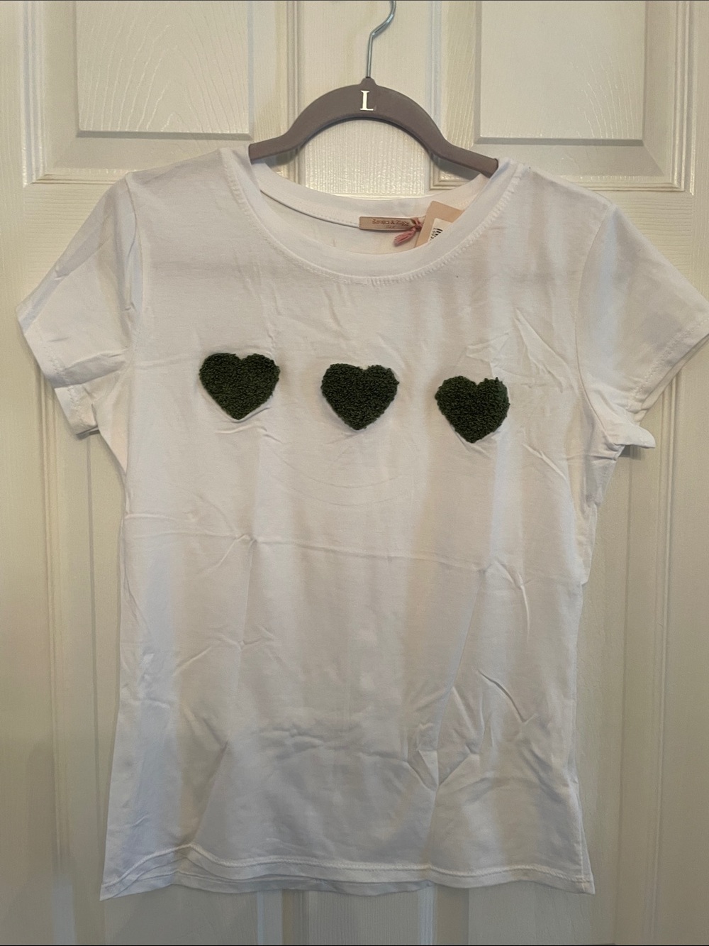 Women’s White Short Sleeve Tee with Olive Heart Appliqués
